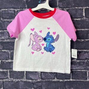 Disney Small 6/7 Stitch Raglan Cropped Graphic T-shirt White pink